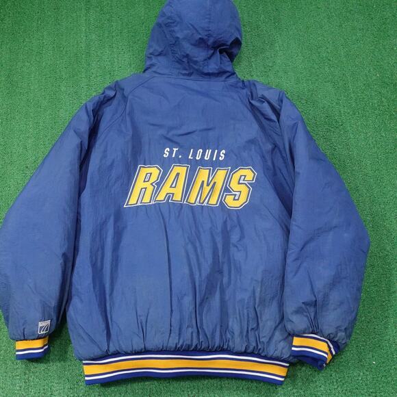 Vintage St. Louis Rams Puffer Jacket Mens Blue NFL Football Hooded Logo 7 90s - Picture 8 of 16